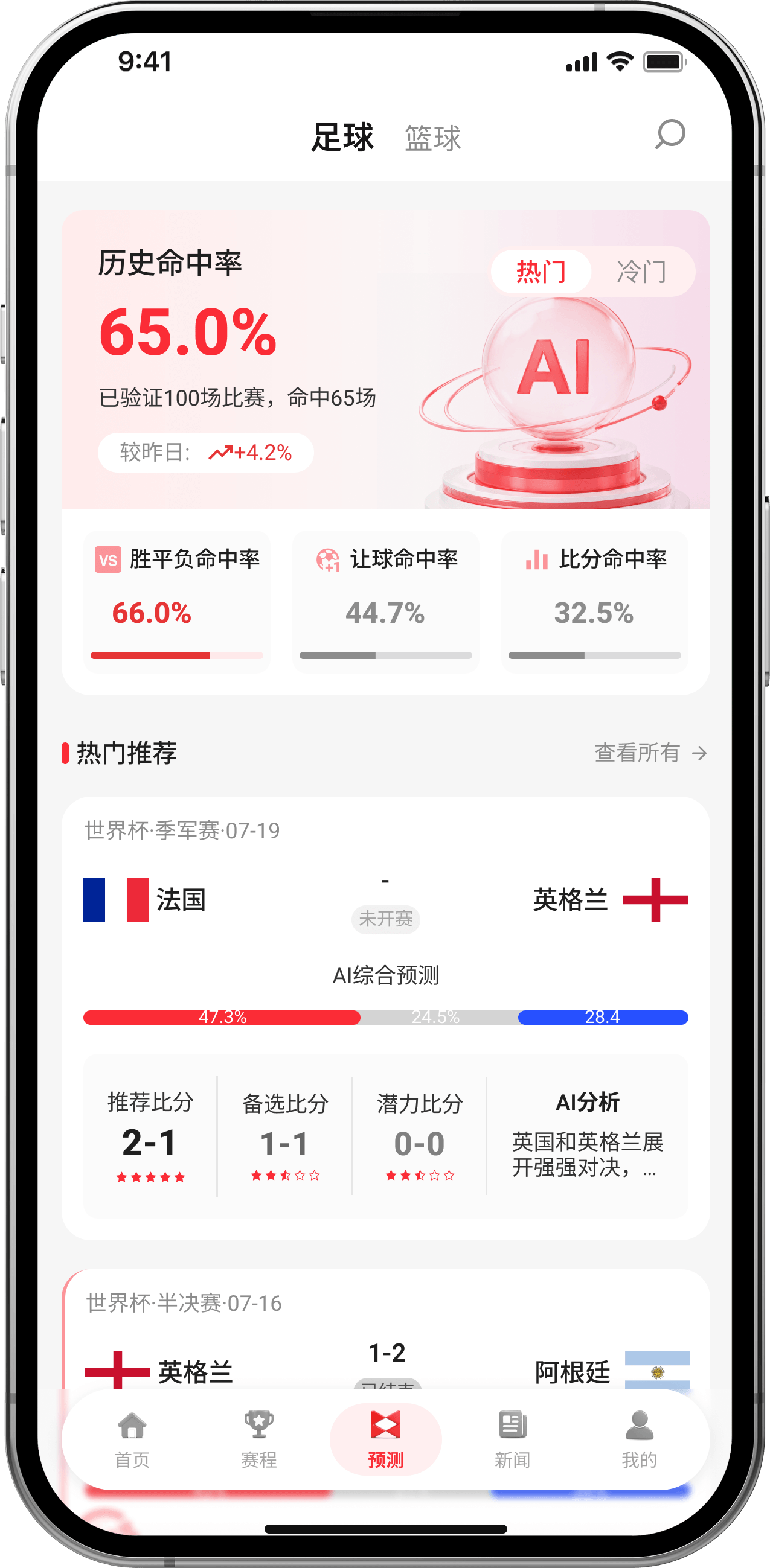 赛果AI App AI 足球预测、胜率分析与比分参考界面
